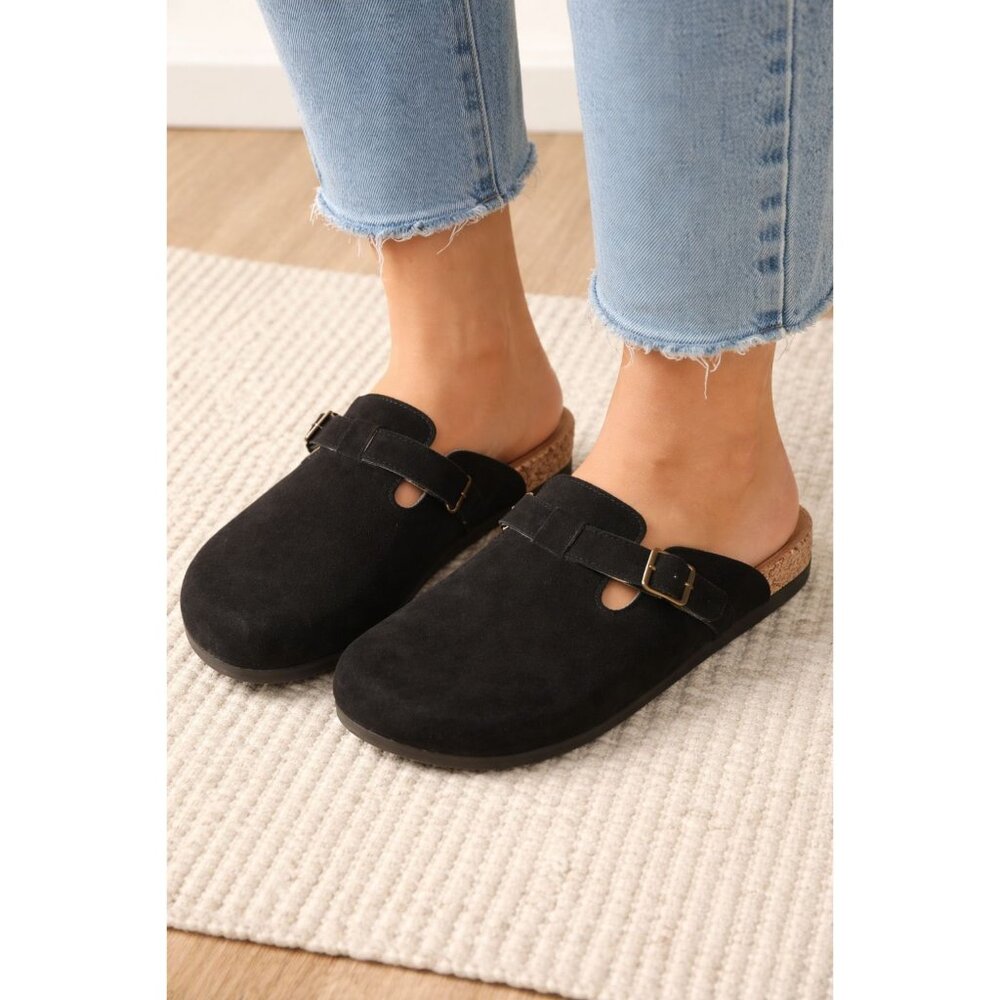 Intini Suede Slip-On Clogs W/Adjustable Buckle Strap & Cork Sole Blk Size 43/10